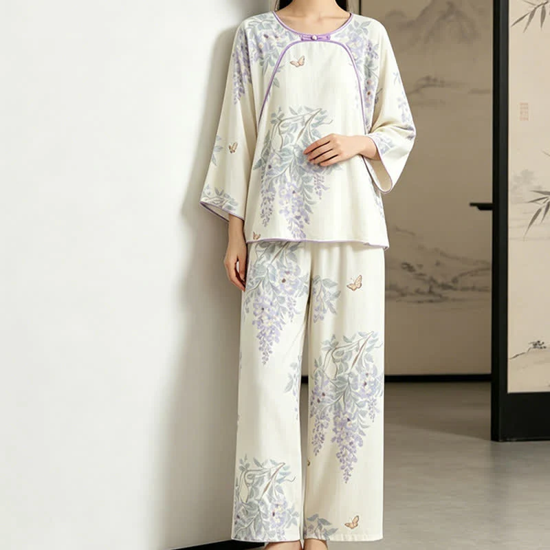 Damenpyjama aus Bambusfaser mit Blumen- und Schmetterlingsmuster