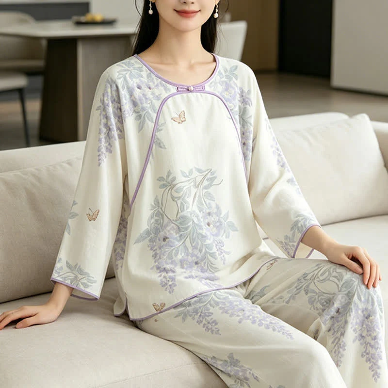 Damenpyjama aus Bambusfaser mit Blumen- und Schmetterlingsmuster