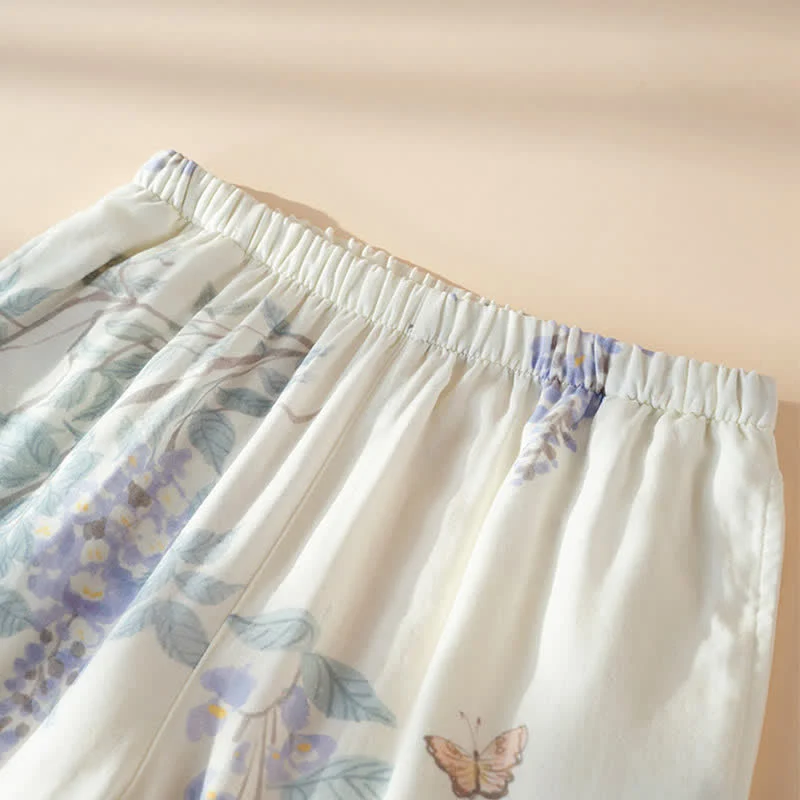 Damenpyjama aus Bambusfaser mit Blumen- und Schmetterlingsmuster