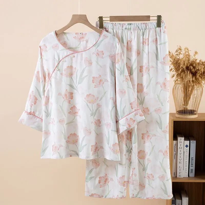 Damenpyjama aus Bambusfaser mit Tulpenmuster