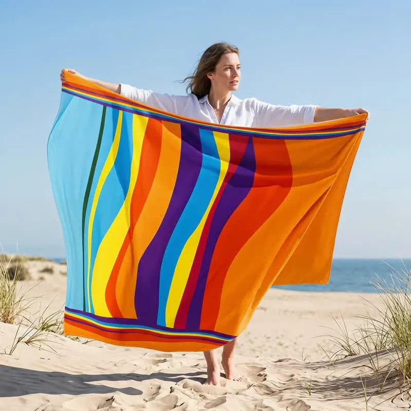 Strandtuch aus Mikrofaser mit Regenbogenstreifen