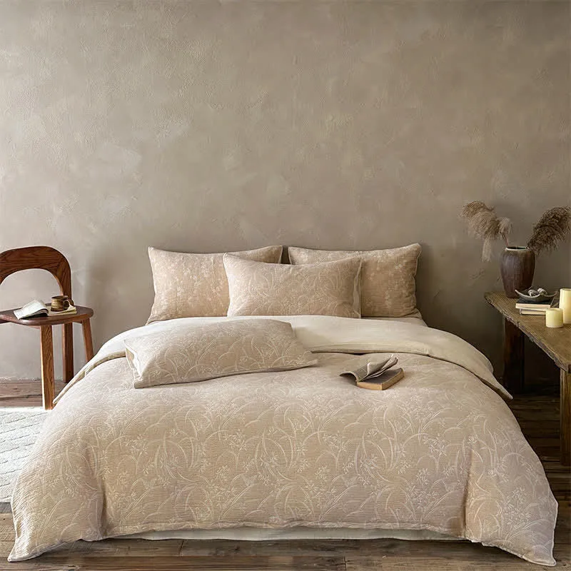 Beige Bettwäsche-Set aus Baumwolle mit botanischem Jacquardmuster