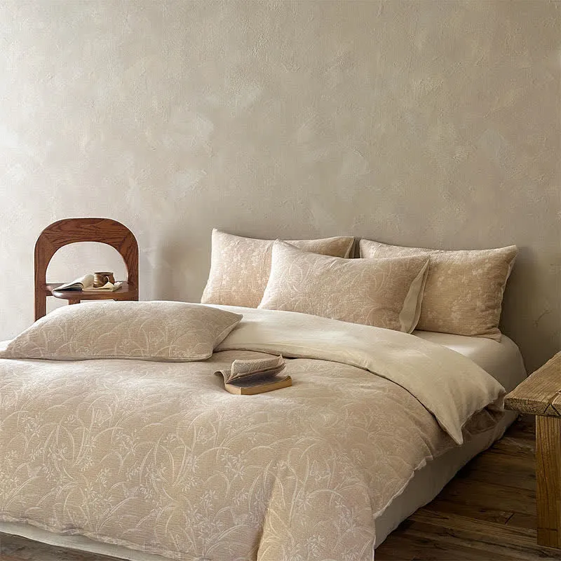 Beige Bettwäsche-Set aus Baumwolle mit botanischem Jacquardmuster