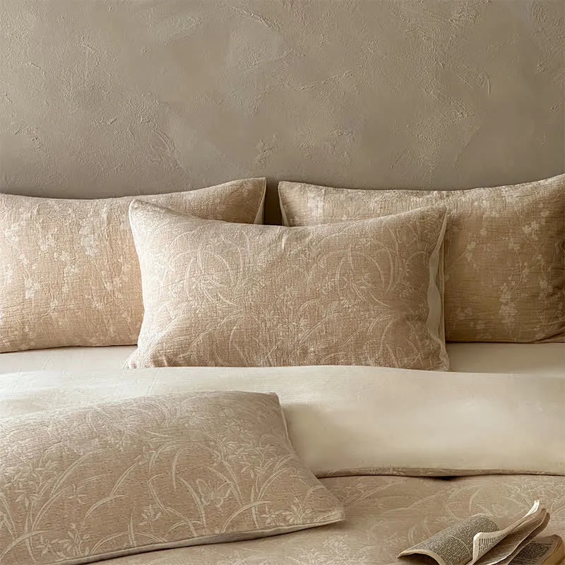 Beige Bettwäsche-Set aus Baumwolle mit botanischem Jacquardmuster