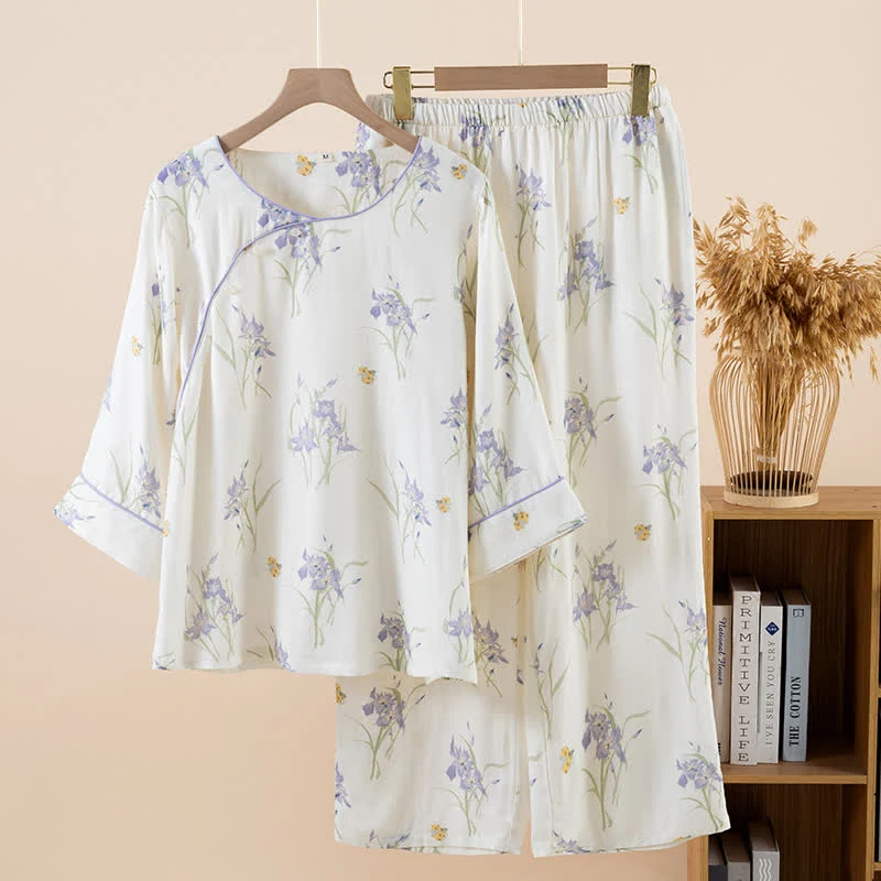 Damenpyjama mit Iris-Print aus Bambusfaser