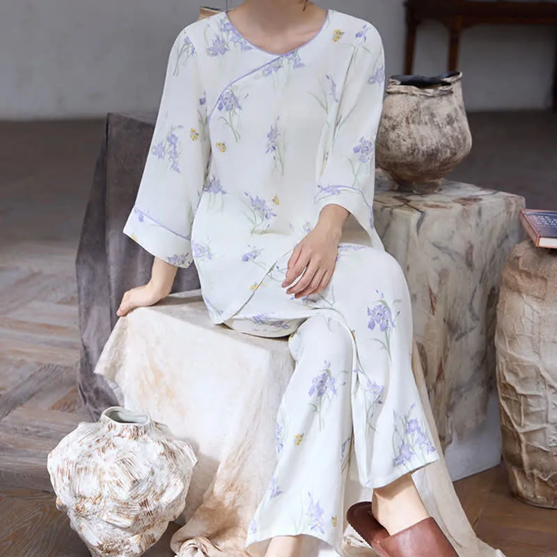 Damenpyjama mit Iris-Print aus Bambusfaser
