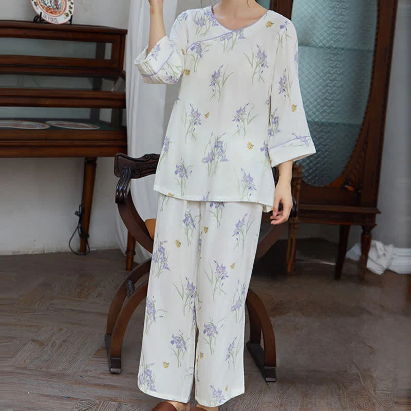 Damenpyjama mit Iris-Print aus Bambusfaser
