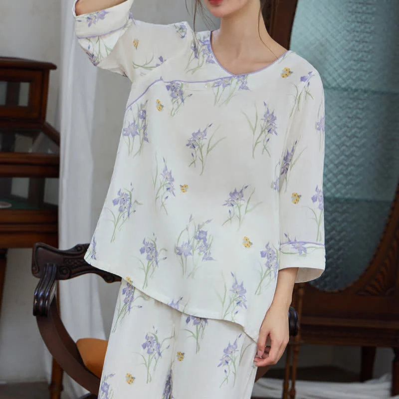 Damenpyjama mit Iris-Print aus Bambusfaser