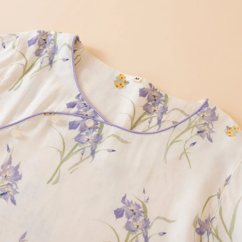 Damenpyjama mit Iris-Print aus Bambusfaser