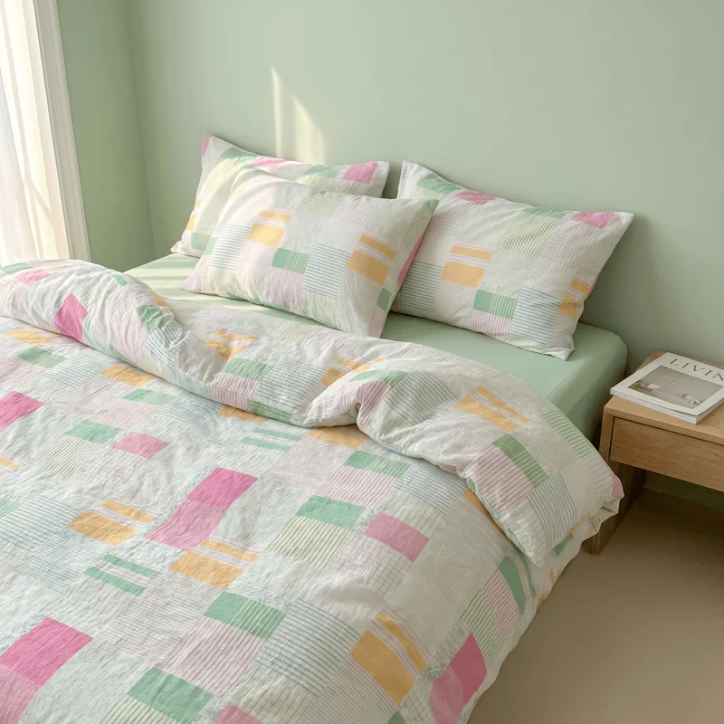 Mehrfarbiges Patchwork-Bettwäscheset aus Baumwolle im Pastell-Look (4-teilig)