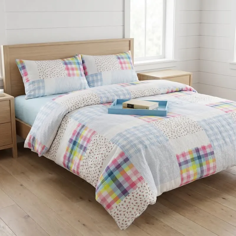 Bettwäsche-Set aus Baumwolle mit Regenbogenkaro-Patchwork-Blumenmuster (4-teilig)