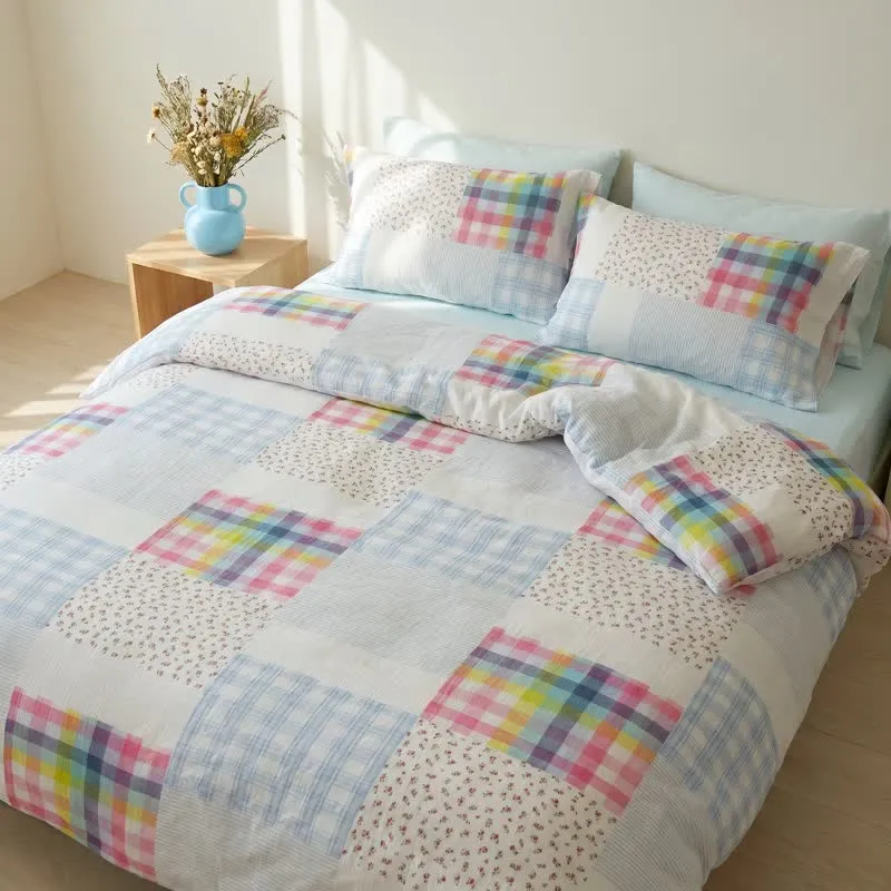 Bettwäsche-Set aus Baumwolle mit Regenbogenkaro-Patchwork-Blumenmuster (4-teilig)