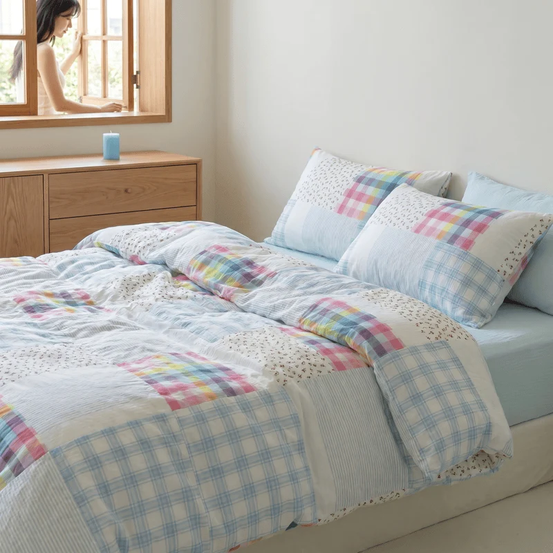 Bettwäsche-Set aus Baumwolle mit Regenbogenkaro-Patchwork-Blumenmuster (4-teilig)
