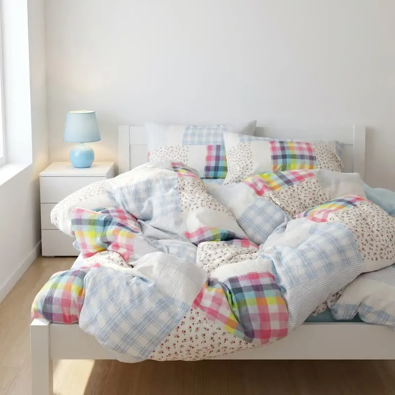 Bettwäsche-Set aus Baumwolle mit Regenbogenkaro-Patchwork-Blumenmuster (4-teilig)