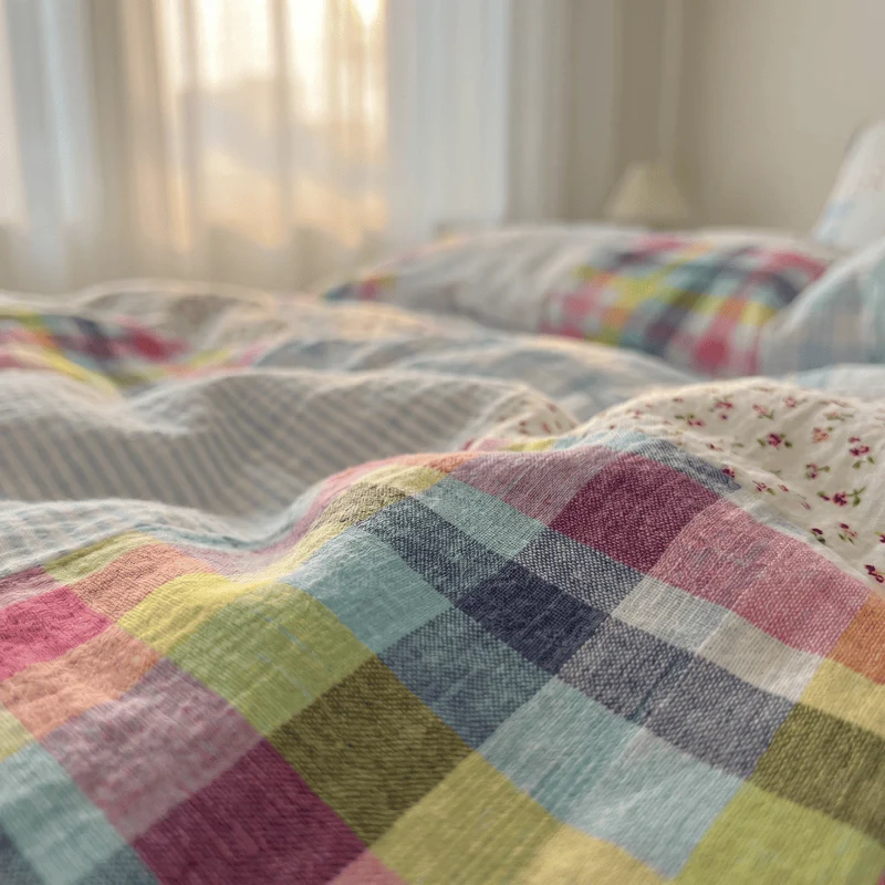 Bettwäsche-Set aus Baumwolle mit Regenbogenkaro-Patchwork-Blumenmuster (4-teilig)