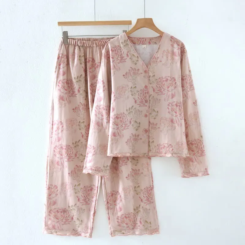 Pyjama aus Baumwollgaze mit rosa Pfingstrosenmuster