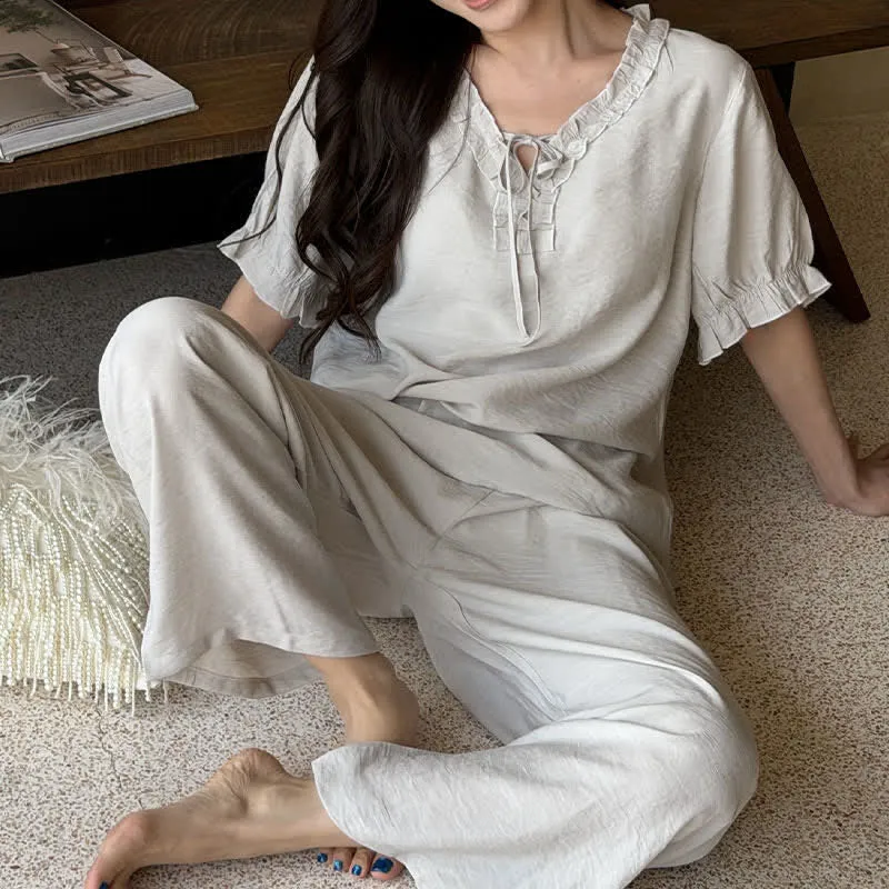 Einfarbiger, wattierter Rüschen-Pyjama-Set