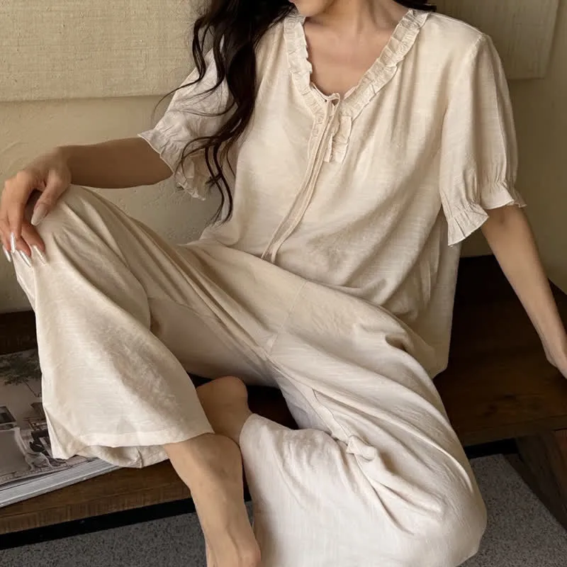 Einfarbiger, wattierter Rüschen-Pyjama-Set