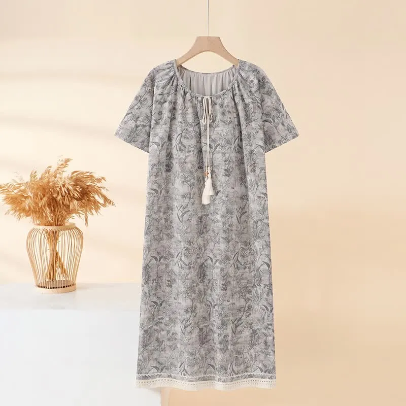 Boho-Nachthemd aus grauer Baumwolle mit Quasten