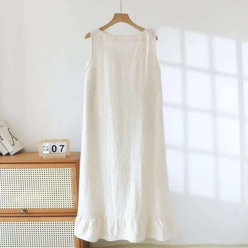 Beigefarbenes, strukturiertes, ärmelloses Loungekleid aus Baumwolle