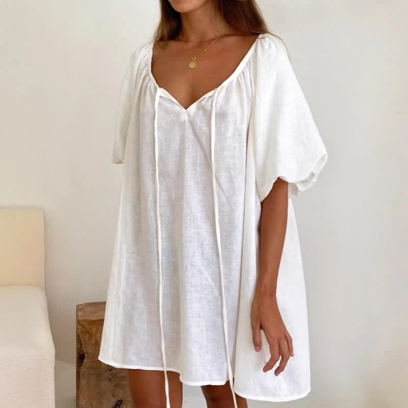 Weißes Baumwoll-Loungewear-Kleid mit Bindekragen