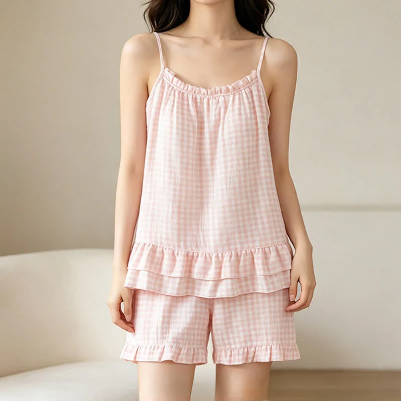 Loungewear-Set aus weicher Baumwolle mit Vichy-Karo und Rüschen