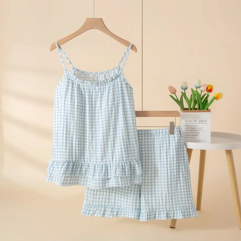 Loungewear-Set aus weicher Baumwolle mit Vichy-Karo und Rüschen