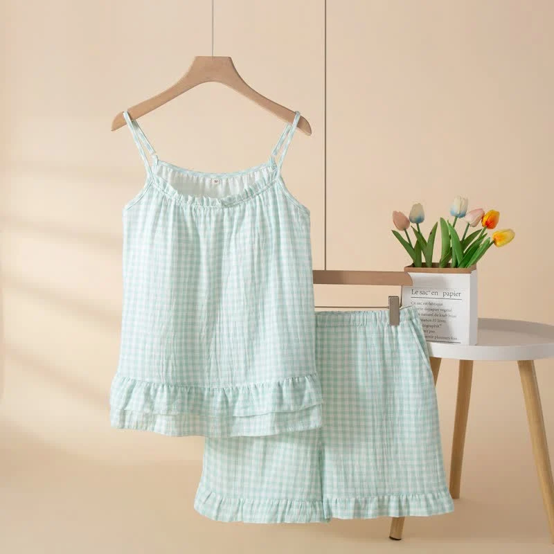 Loungewear-Set aus weicher Baumwolle mit Vichy-Karo und Rüschen