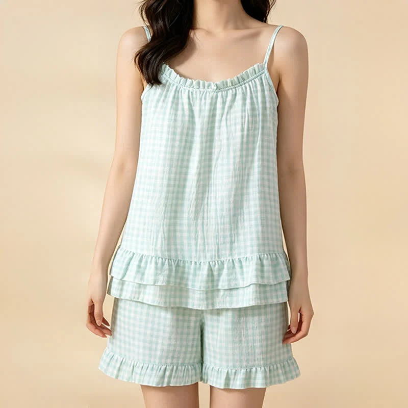 Loungewear-Set aus weicher Baumwolle mit Vichy-Karo und Rüschen