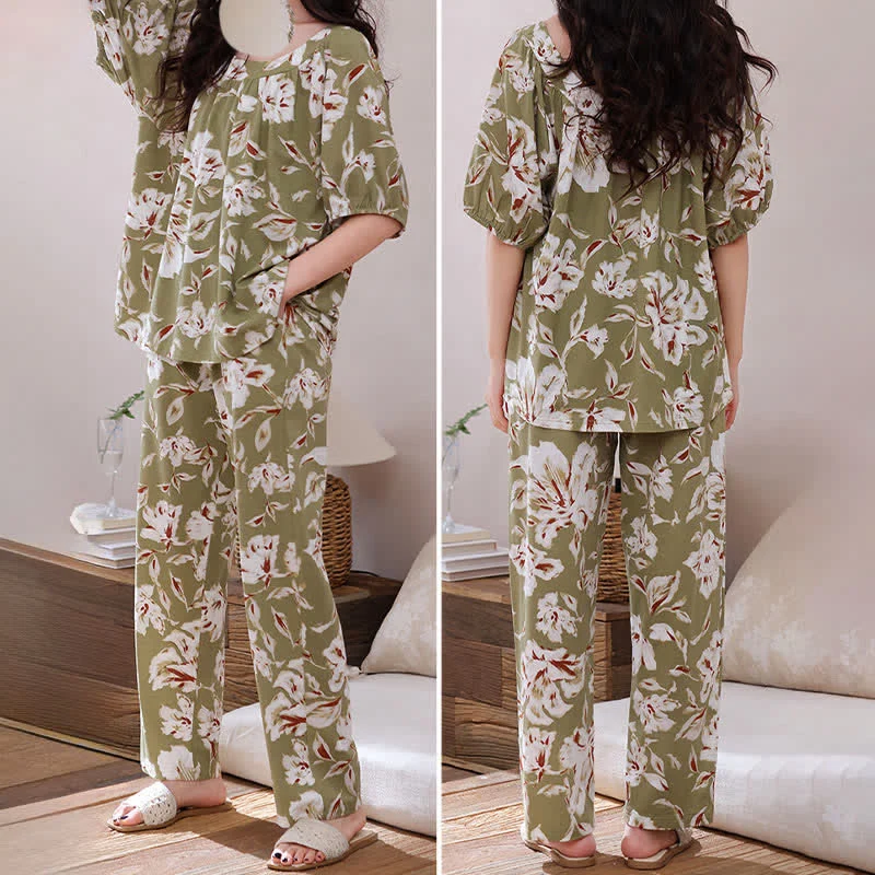 Loungewear-Set aus Baumwolle mit olivgrünem Blumenmuster