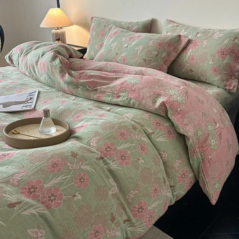 Bettwäsche aus reiner Baumwollgaze mit Blumen- und Schmetterlingsmuster (4-teilig)