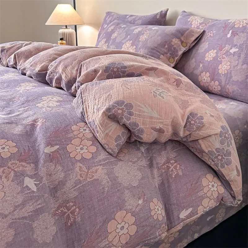 Bettwäsche aus reiner Baumwollgaze mit Blumen- und Schmetterlingsmuster (4-teilig)