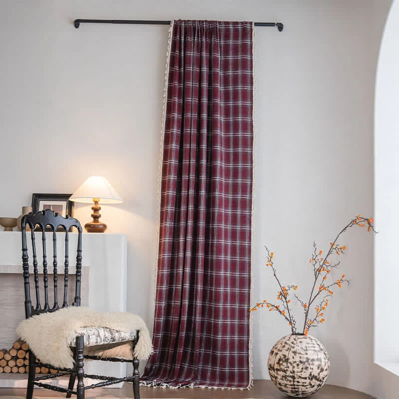 Vorhang im Vintage-Stil, burgunderrot kariert, mit Quasten