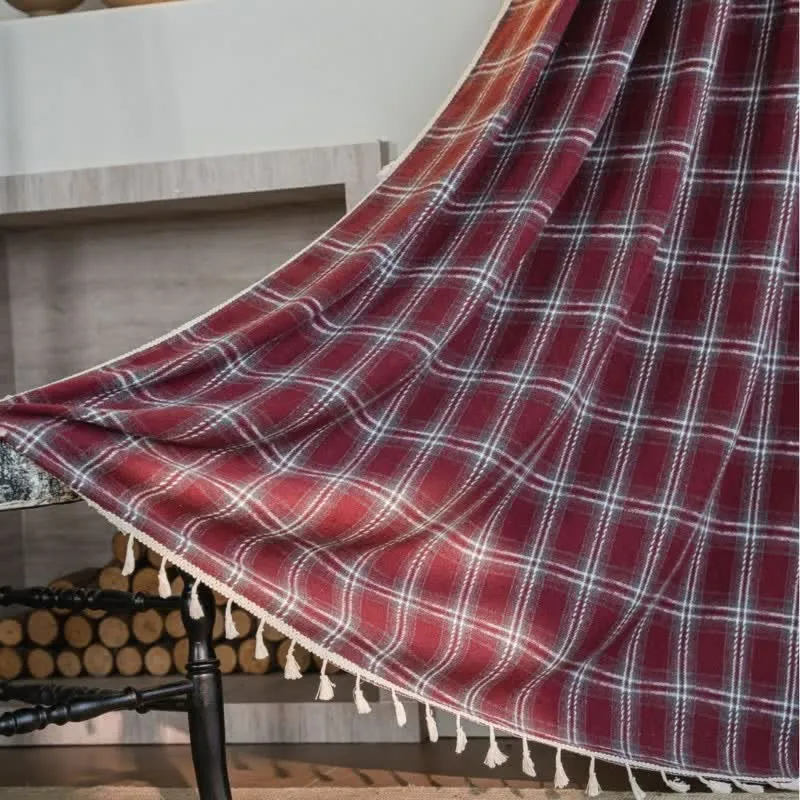 Vorhang im Vintage-Stil, burgunderrot kariert, mit Quasten