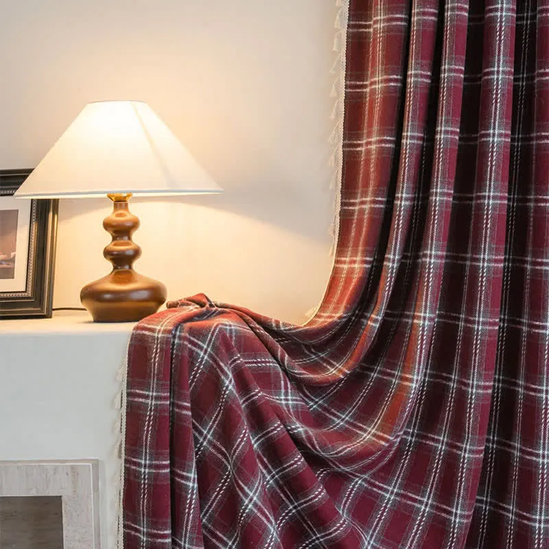 Vorhang im Vintage-Stil, burgunderrot kariert, mit Quasten