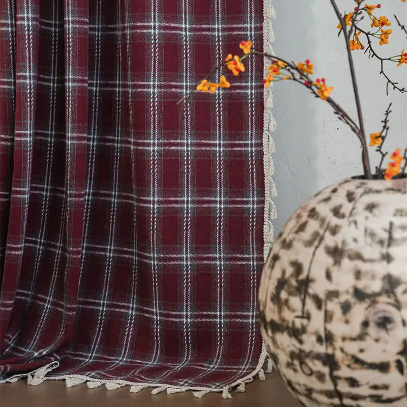 Vorhang im Vintage-Stil, burgunderrot kariert, mit Quasten