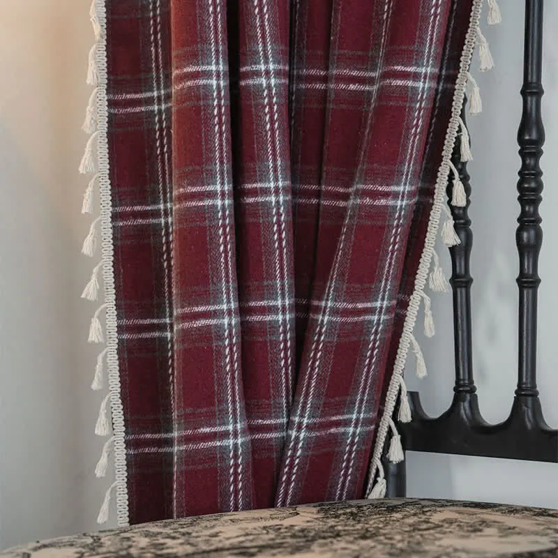 Vorhang im Vintage-Stil, burgunderrot kariert, mit Quasten