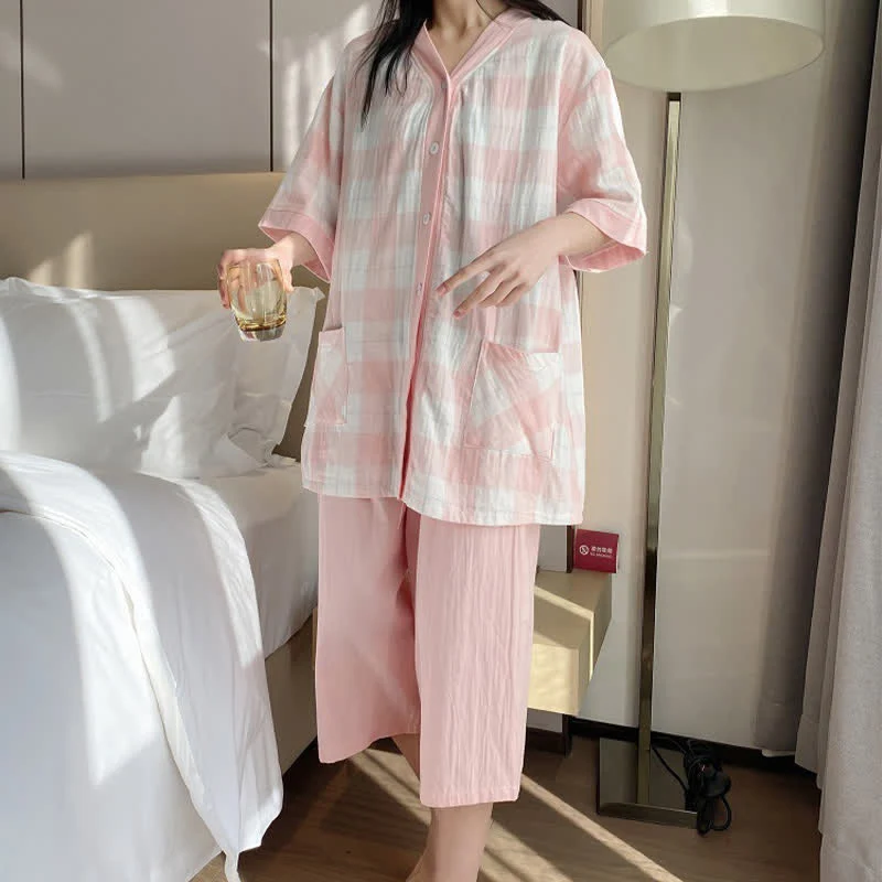 Pyjama-Set aus kariertem Baumwollgaze mit Knopfleiste