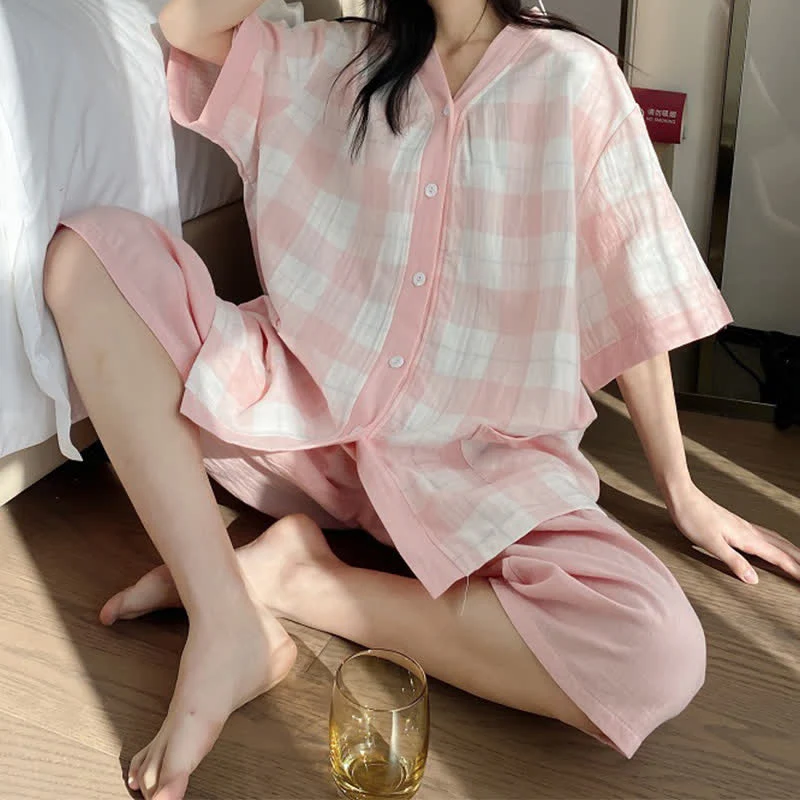 Pyjama-Set aus kariertem Baumwollgaze mit Knopfleiste