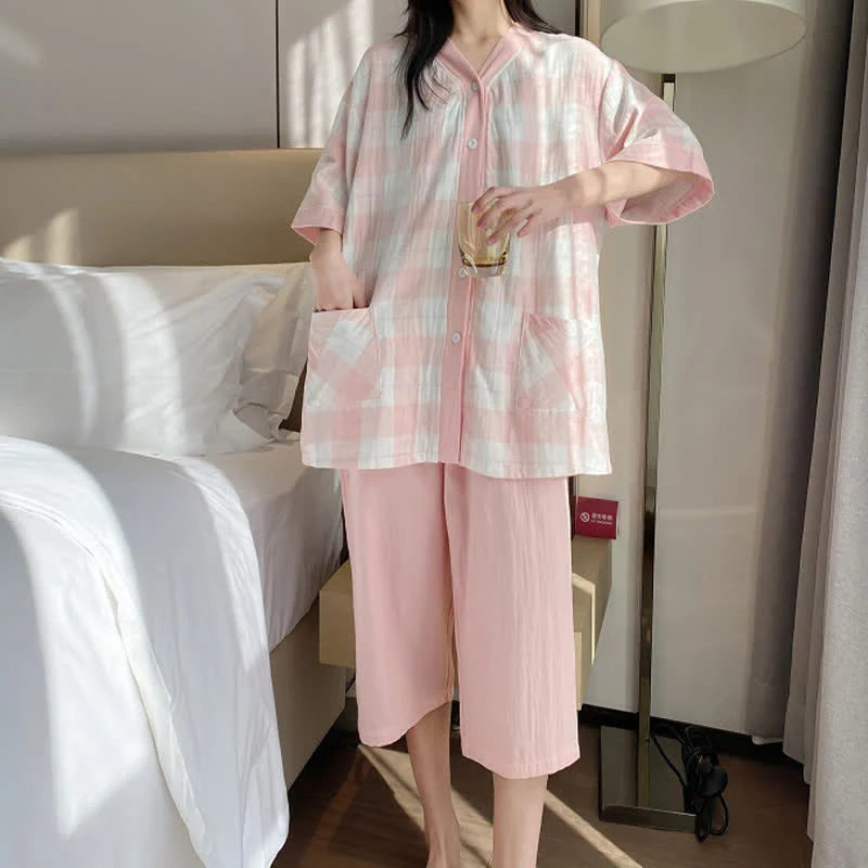 Pyjama-Set aus kariertem Baumwollgaze mit Knopfleiste