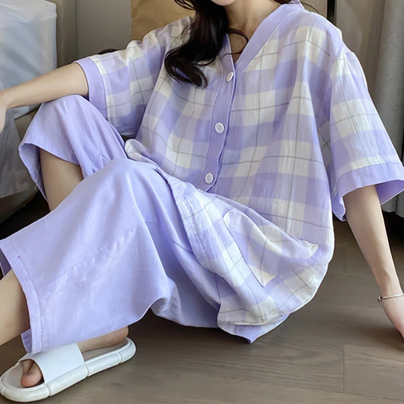Pyjama-Set aus kariertem Baumwollgaze mit Knopfleiste