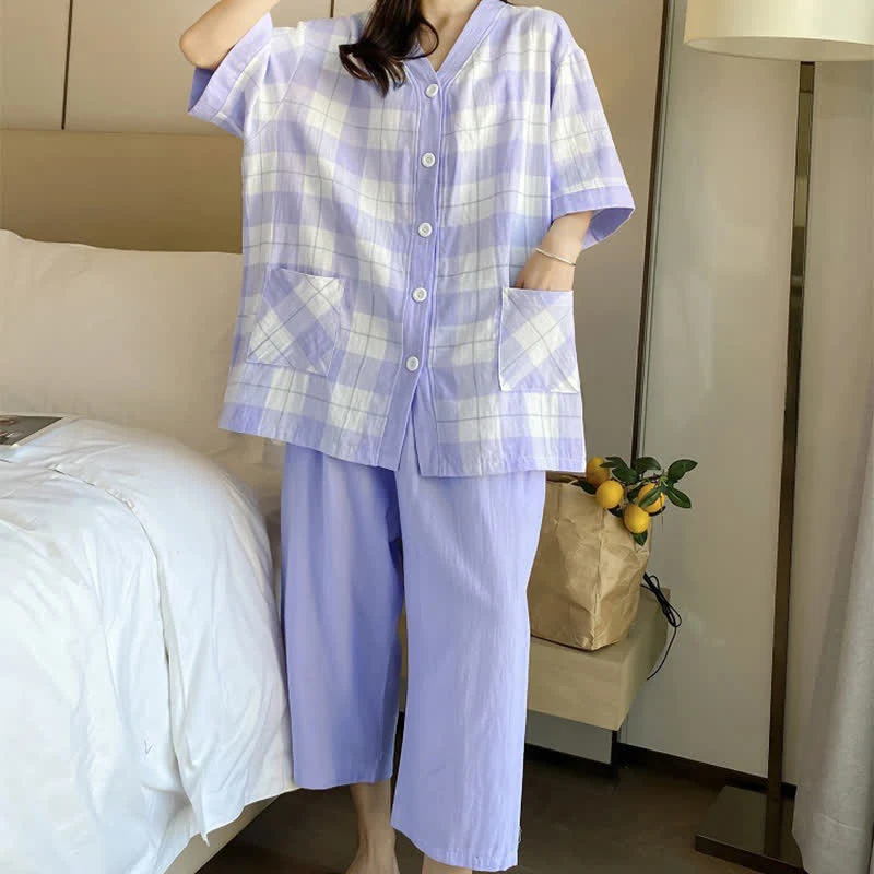 Pyjama-Set aus kariertem Baumwollgaze mit Knopfleiste