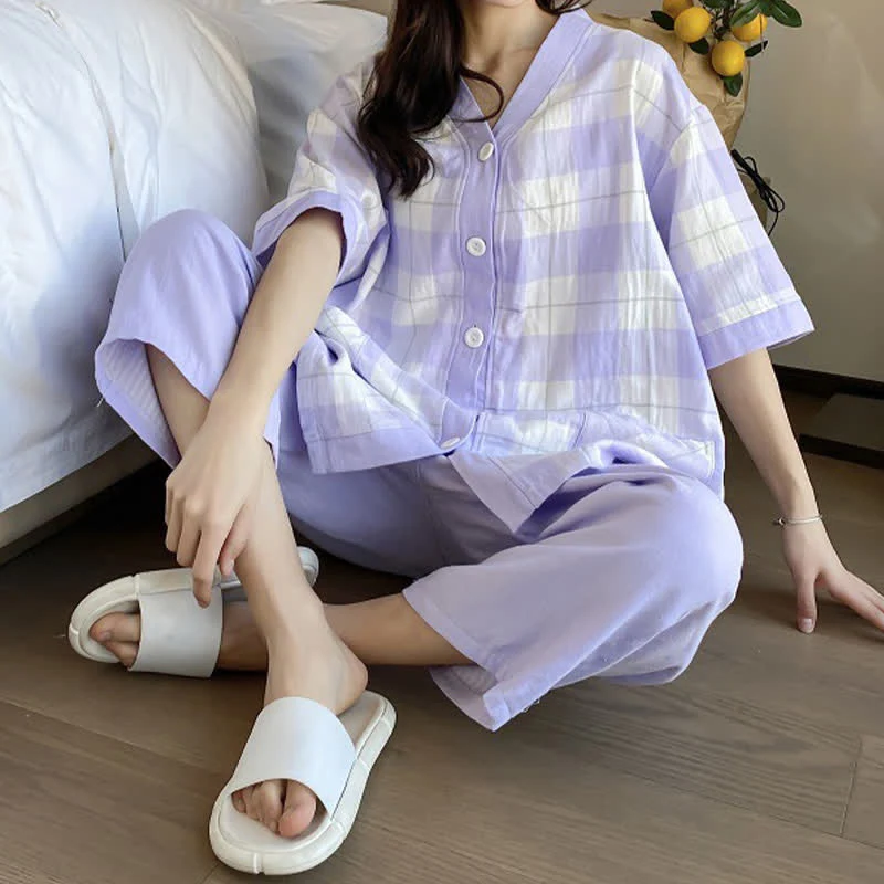 Pyjama-Set aus kariertem Baumwollgaze mit Knopfleiste