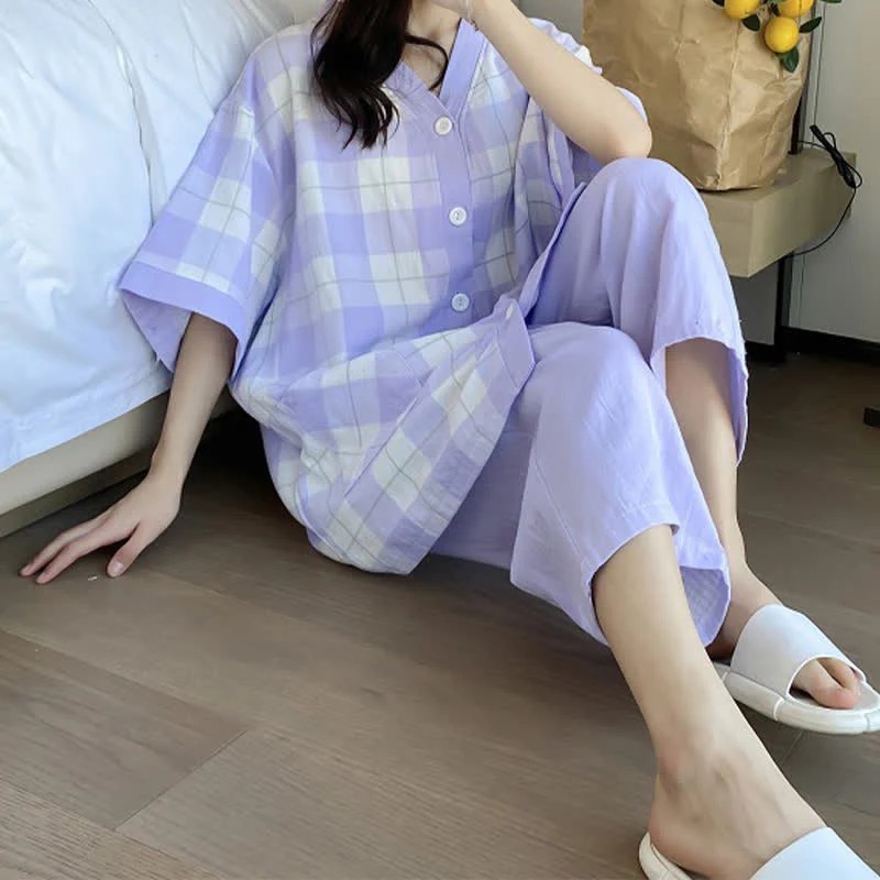 Pyjama-Set aus kariertem Baumwollgaze mit Knopfleiste