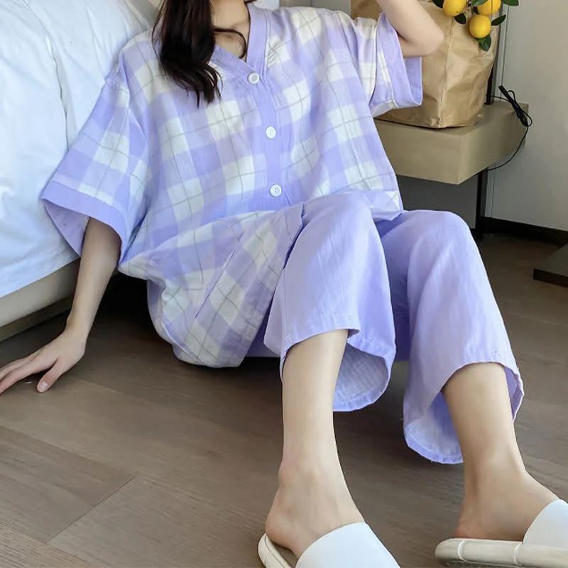 Pyjama-Set aus kariertem Baumwollgaze mit Knopfleiste