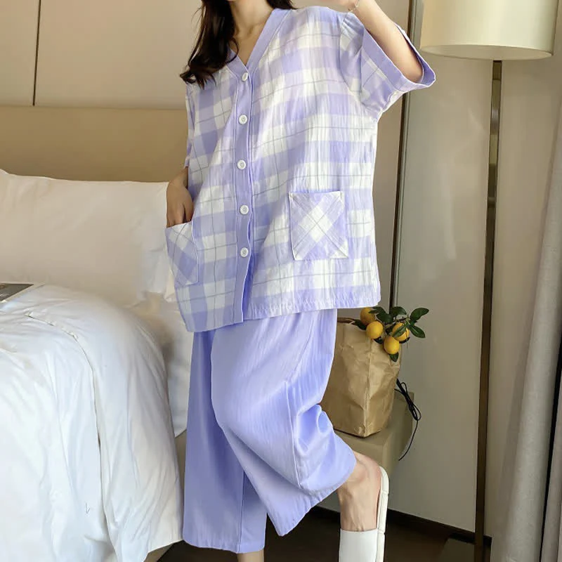 Pyjama-Set aus kariertem Baumwollgaze mit Knopfleiste