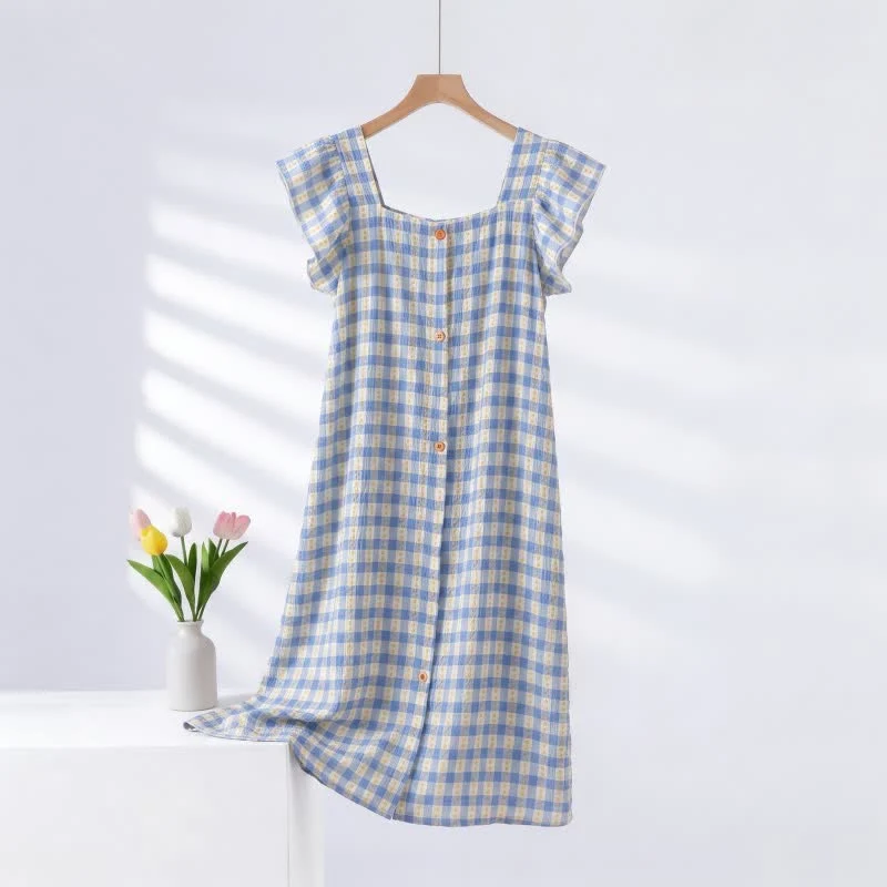 Ärmelloses Lounge-Kleid in Blau mit Vichy-Karo
