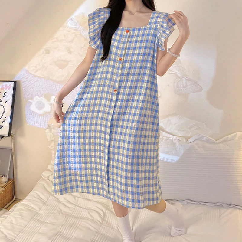 Ärmelloses Lounge-Kleid in Blau mit Vichy-Karo