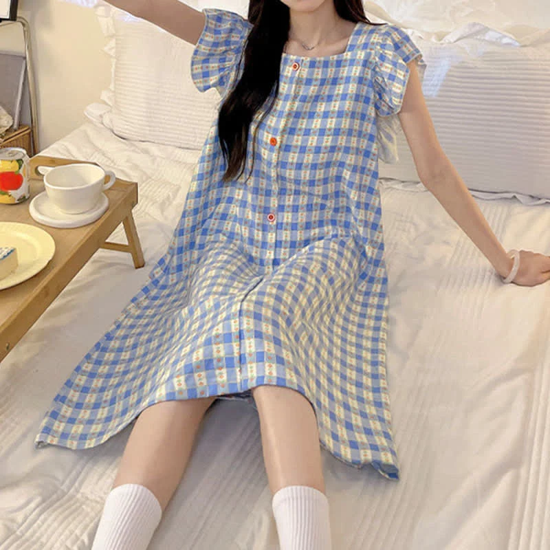 Ärmelloses Lounge-Kleid in Blau mit Vichy-Karo