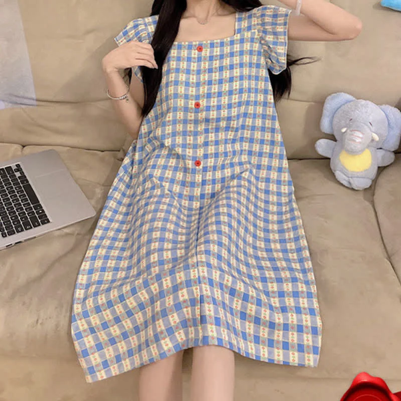 Ärmelloses Lounge-Kleid in Blau mit Vichy-Karo